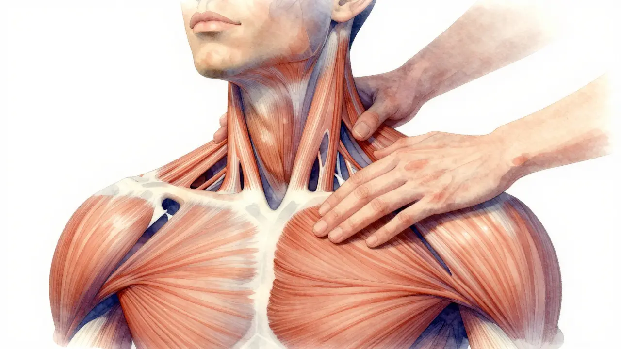 Uvolnění svalů v oblasti krku a ramen pod rukama maséře, znázorněno barevnými přechody.
