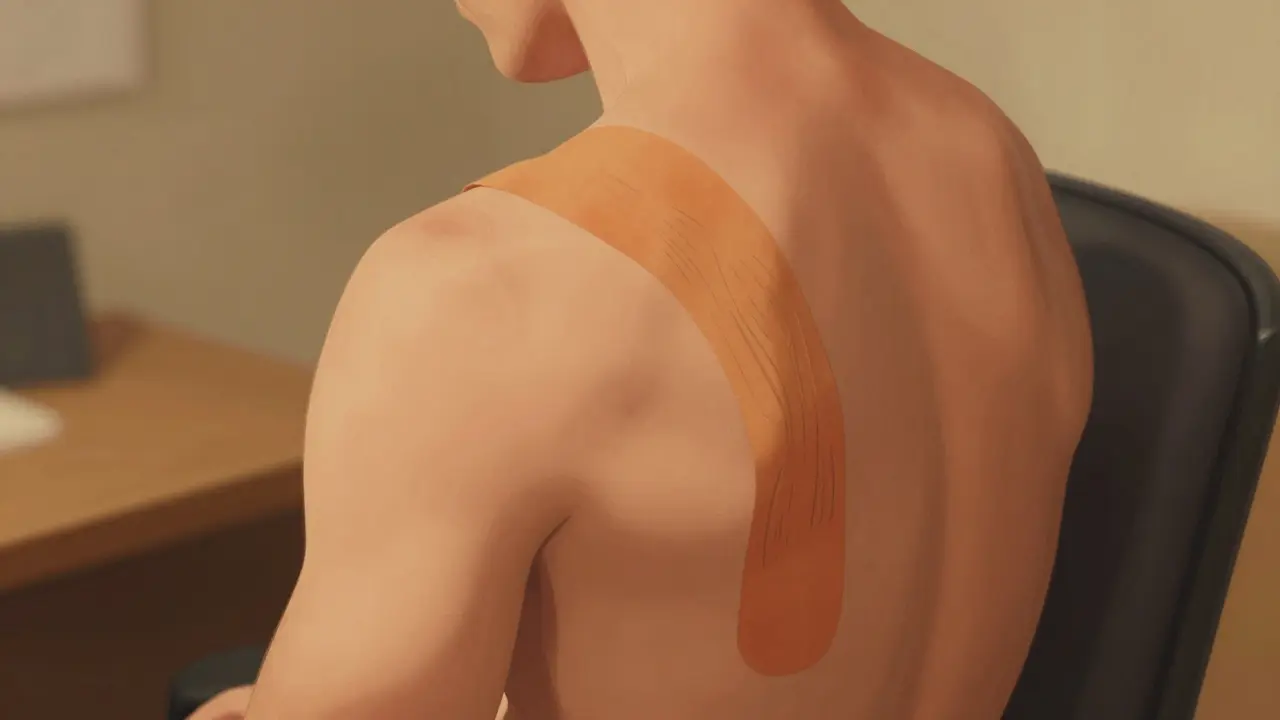 Zadní část těla s Y-tvarovým tejpem přes lopatku, jemné světlo a nezřetelný křeslo v pozadí.