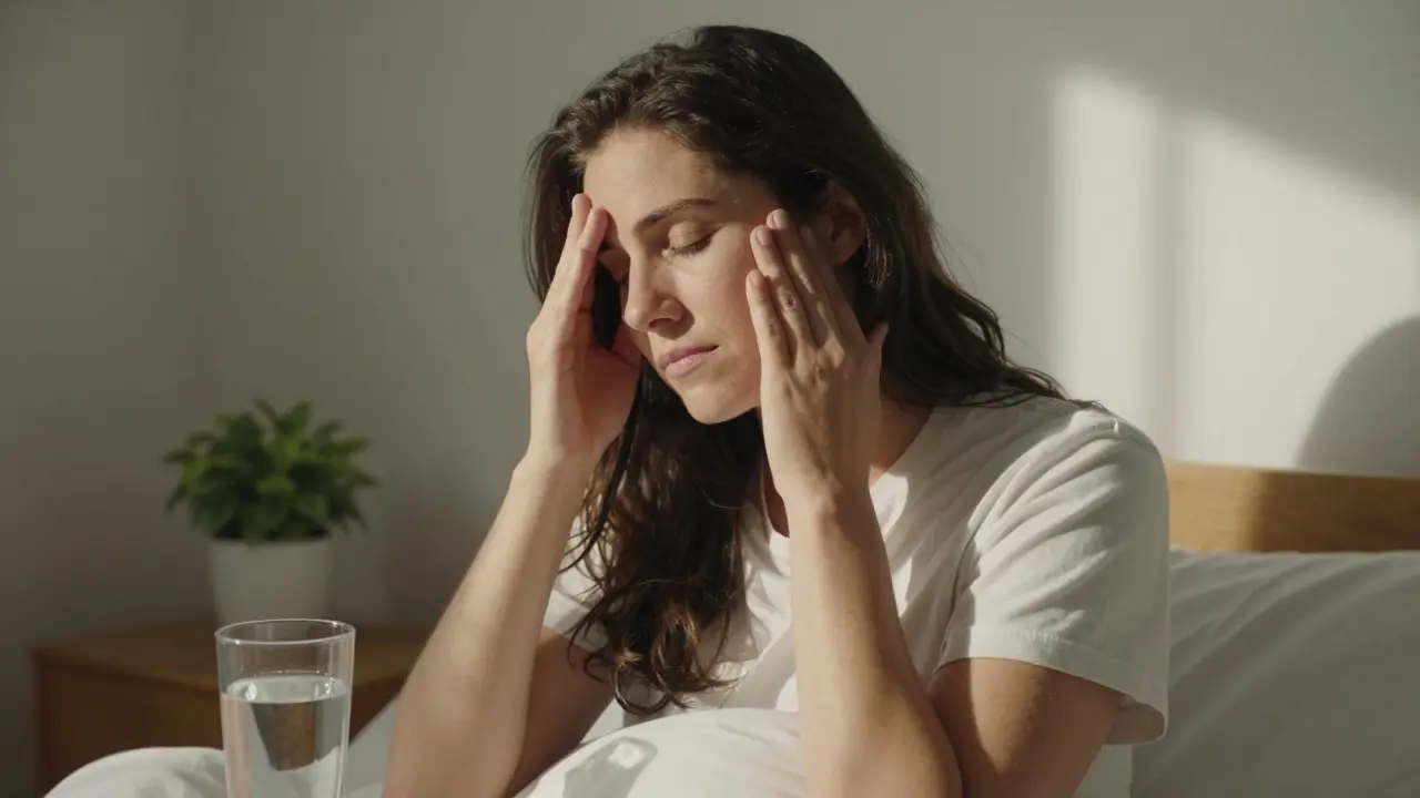 Žena doma jemně masíruje čelo a čelist ve světle ranního slunce, klidně a bezpečně.