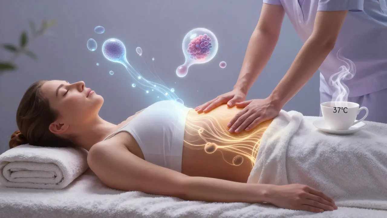 Žena dostává jemnou masáž břicha po porodu, světlo symbolizuje hojení a krevní oběh.