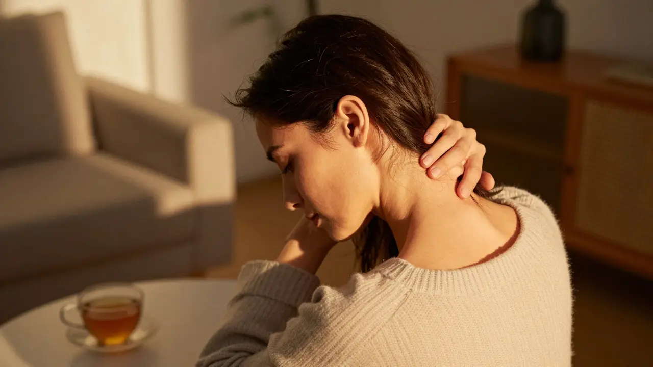 Žena si sama masíruje čelo a krk večer doma, klidná atmosféra, teplé osvětlení.