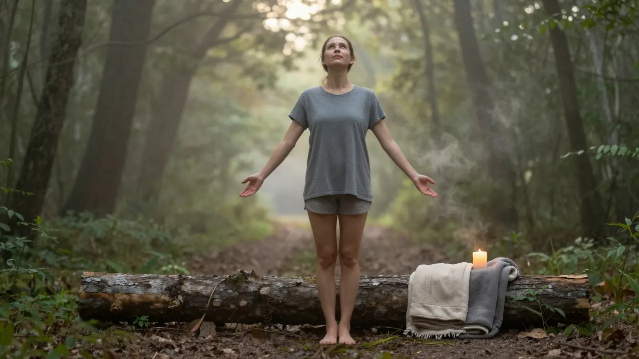 Žena stojí na lesní cestě v ranní mlze, ztvárnění obnovy a spojení se životem po depresi.