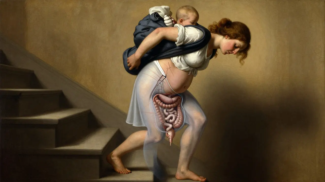 Žena zvedá kočárek na schody, viditelná diastáza břicha a sestupující vnitřní orgány.