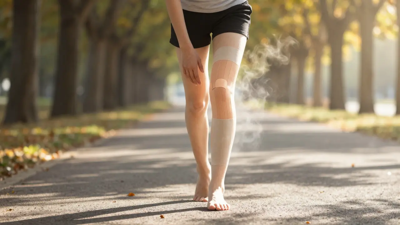 Člověk chodí po cestě s tejpem na kolenu a jemným jiskřivým efektem na kůži.