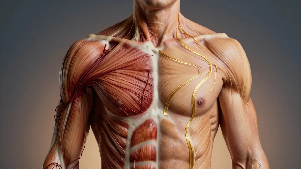 Contrasting sides of a torso show tension transforming into relaxed energy flow after shiatsu.