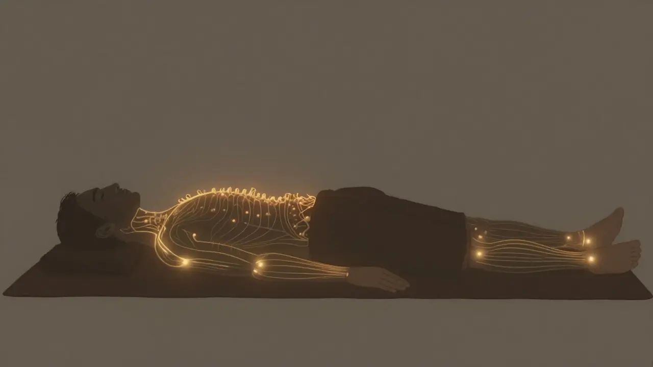 Glowing meridians along the spine and limbs illustrate energy flow during shiatsu therapy.