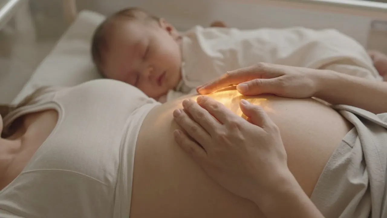 Nová matka klade ruce na břicho, zlatý zářivý světlo symbolizuje hojení těla.