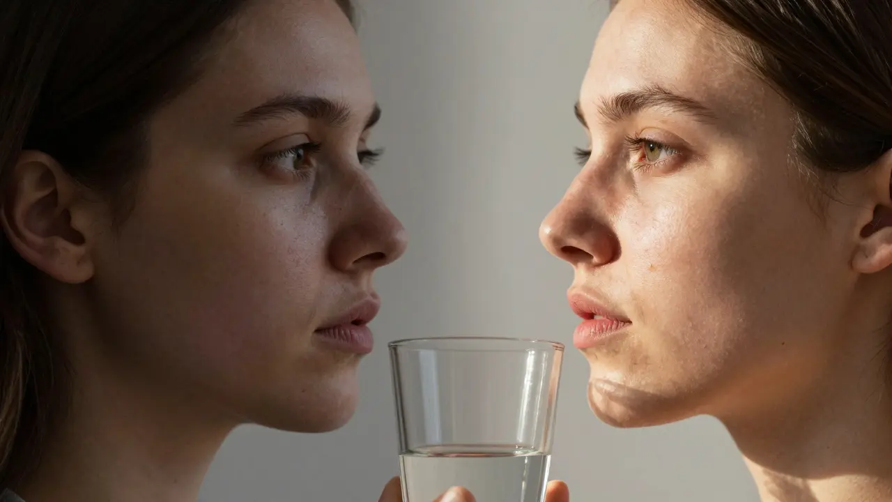 Porovnání před a po: měkké kontury vs. výraznější čelist při masážním baňkování.