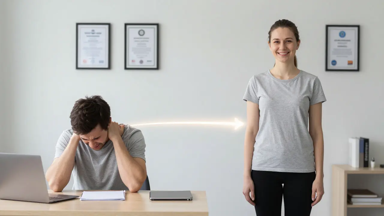 Před a po: napětí v zádech vs. uvolnění a klid po masáži s náznakem terapeutického prostředí.