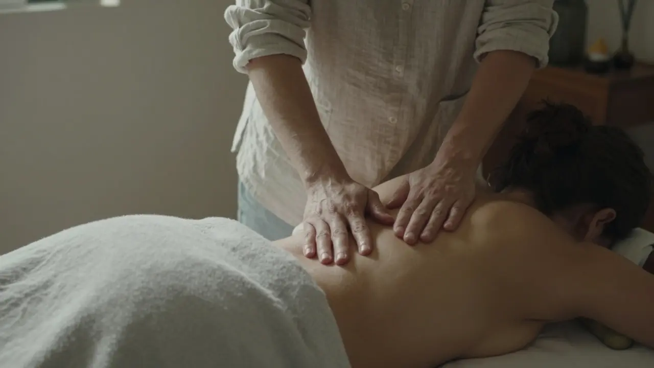 Terapeutka jemně masíruje záda nové mámy pomocí teplých kamenů v klidném prostředí.