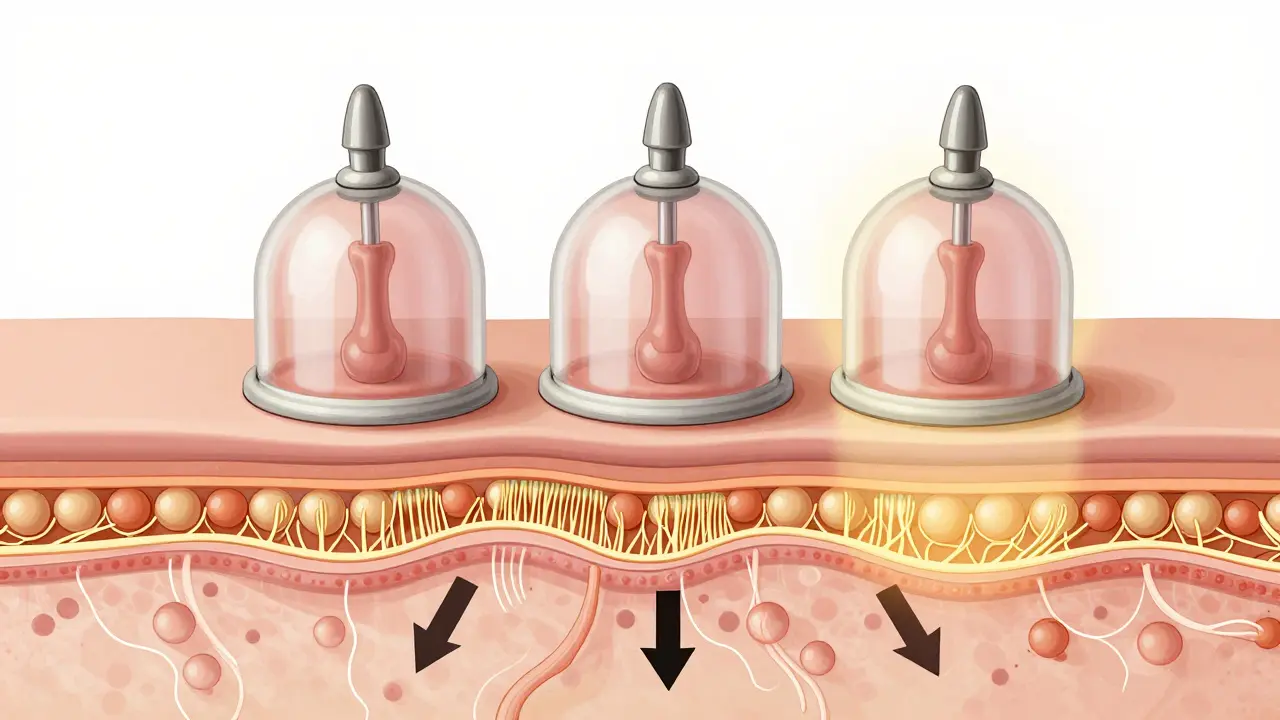 Vnitřní pohled na kůži s ukázkou zlepšeného krevního oběhu a tvorby kolagenu během baňkování.