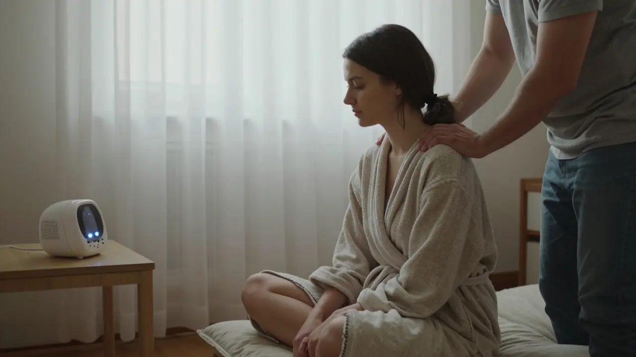 Žena sedí doma, její partner ji masíruje, dítě spí v pozadí s běžným monitorom.