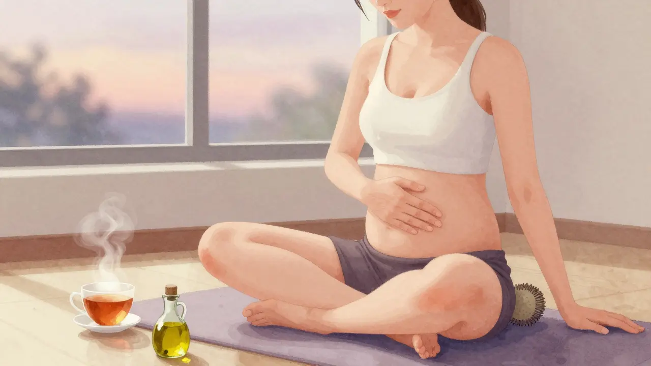 Žena si doma masíruje břicho a záda pomocí teplého oleje a masážního míčku ve večerním světle.