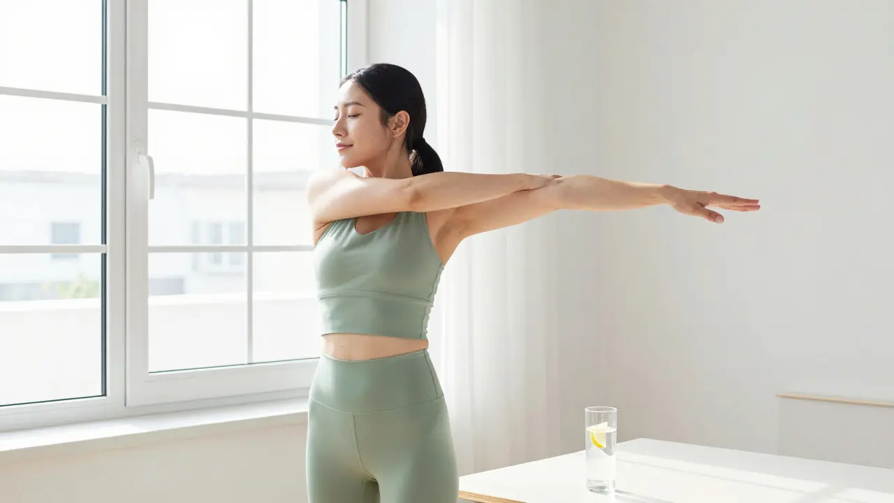Člověk se jemně protahuje v brightně prosvětleném interiéru vedle sklenice vody.