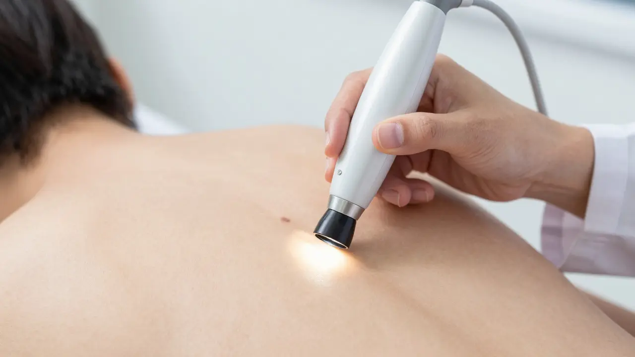 Dermatolog používá dermatoskop k profesionálnímu vyšetření znaménka na zádech.