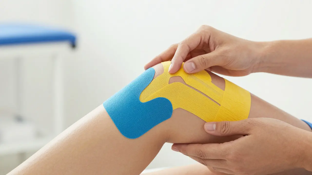 Detailní pohled na aplikaci kinetického tejpování pro stabilizaci kolene.