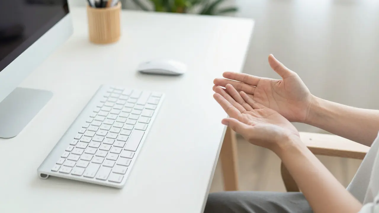 Ergonomické pracoviště a cvičení na protažení prstů a zápěstí.