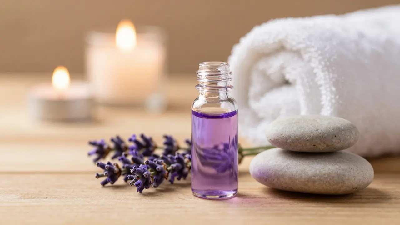 Esenciální olej z levandule a relaxační prvky v útulném prostředí wellness centra.