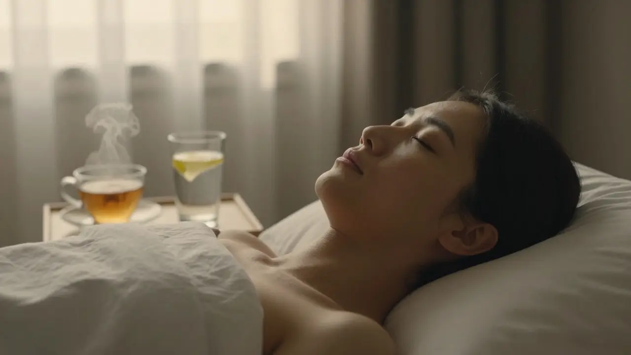 Klidná osoba po masáži s bylinkovým čajem v teplém podsvícení.