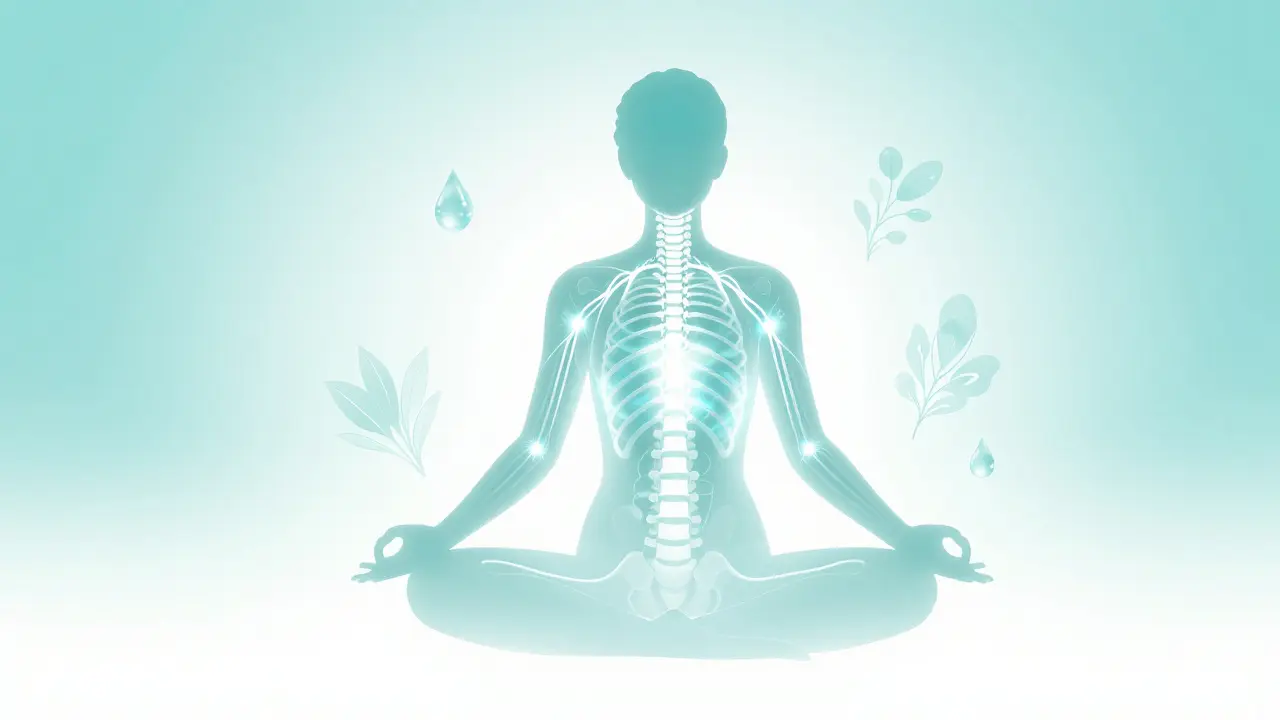 Koncepční obraz svítící lymfatické soustavy a páteře v těle znázorňující posílenou imunitu.