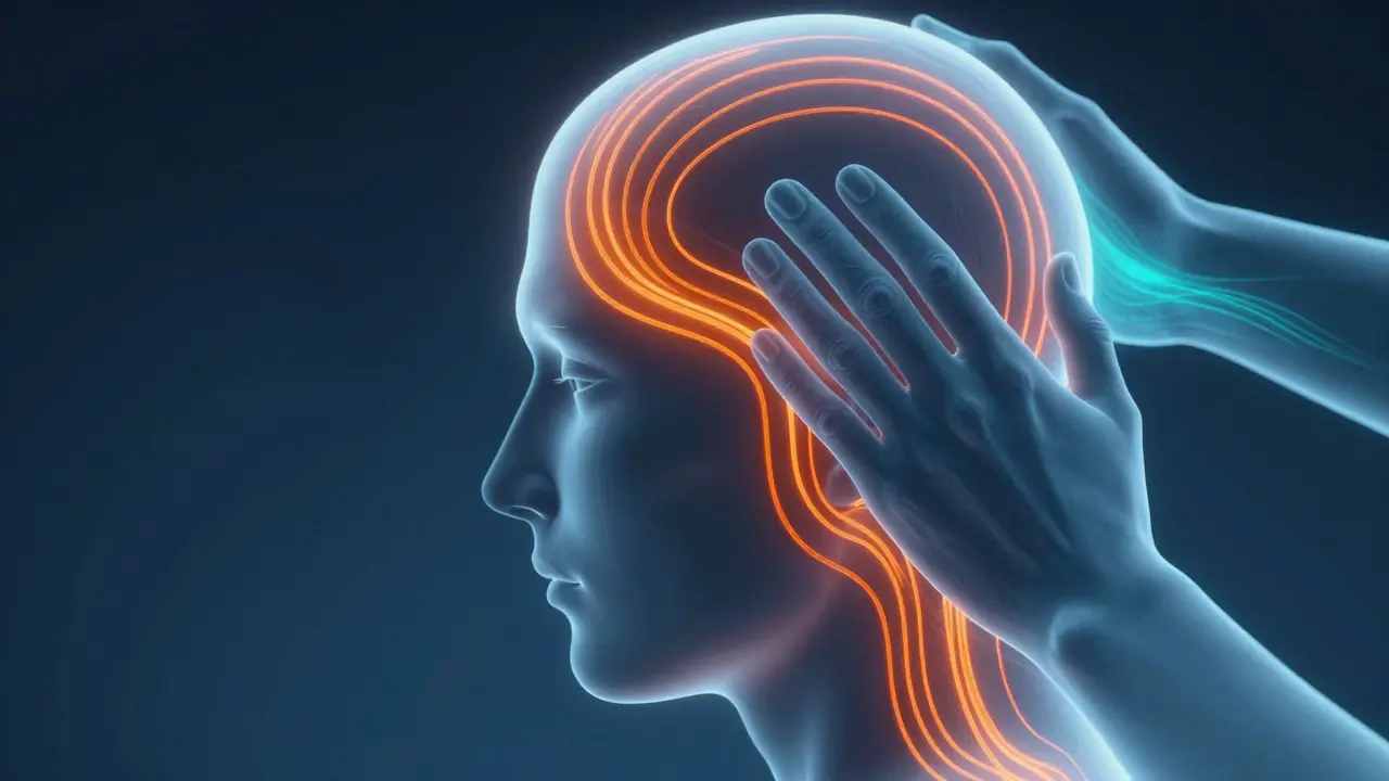 Konceptuální ilustrace masáže spánků ulevující od migreny a stresu.