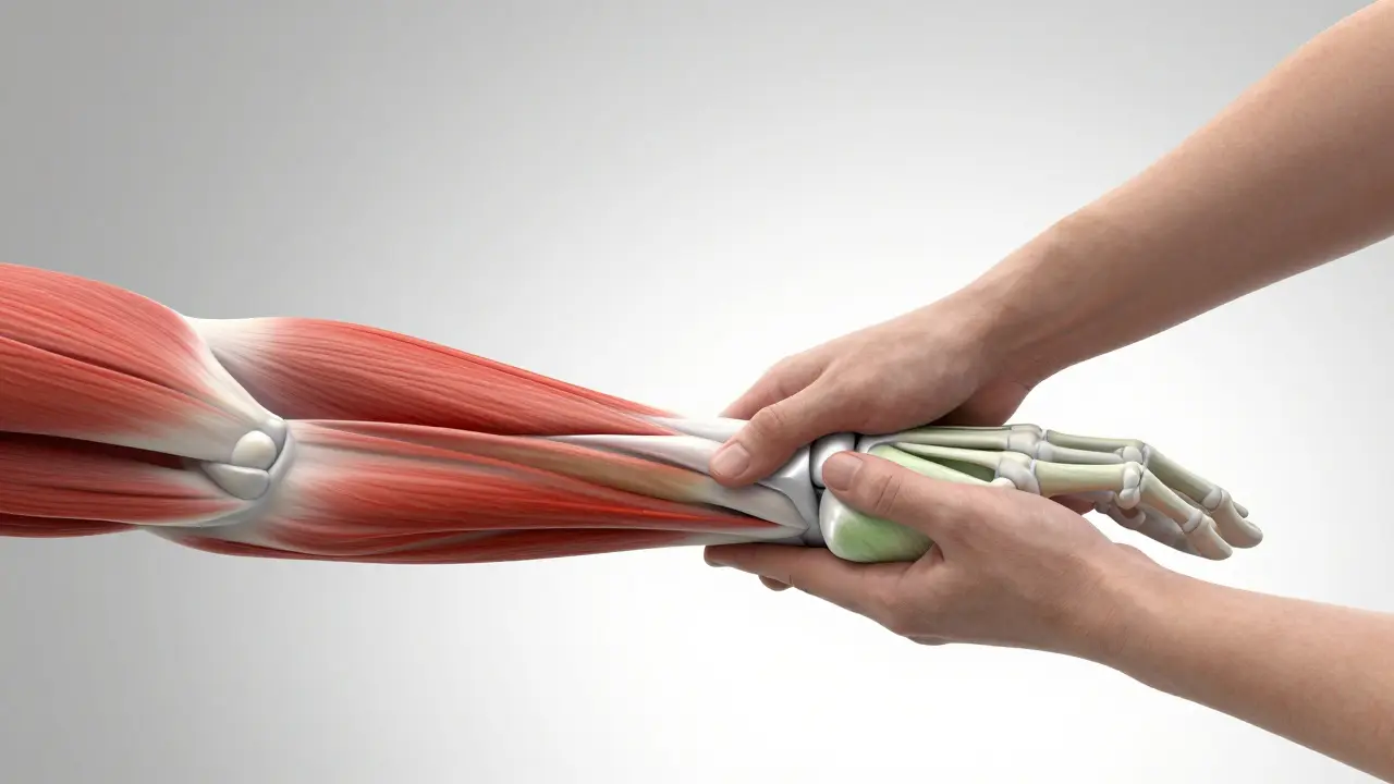 Konceptuální ilustrace uvolňování svalů předloktí pomocí zdravotní masáže.