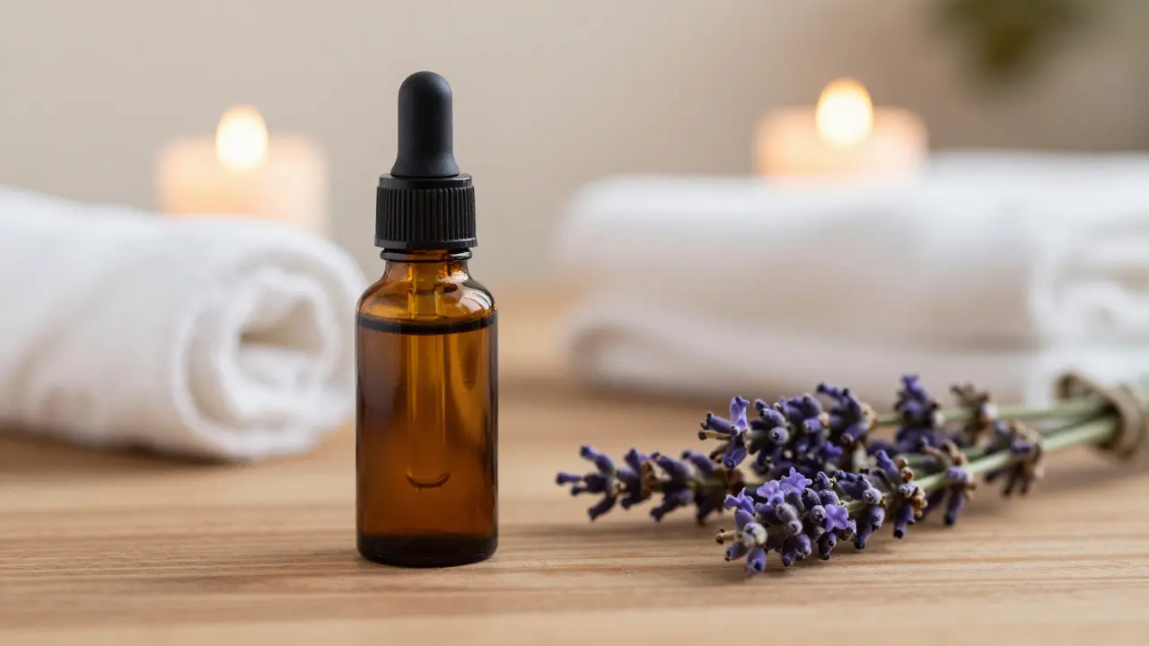 Láhev esenciálního oleje a levandule v uklidňujícím prostředí spa.
