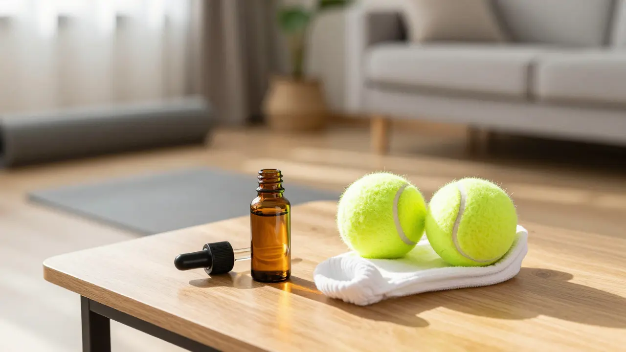 Sada pro domácí masáž: esenciální olej z máty a tenisové míčky v ponožce.