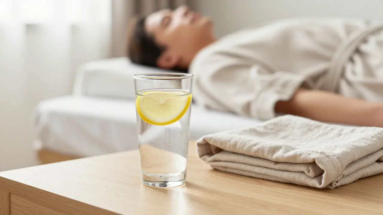 Sklenice vody a relaxační prostředí po masáži pro regeneraci těla.