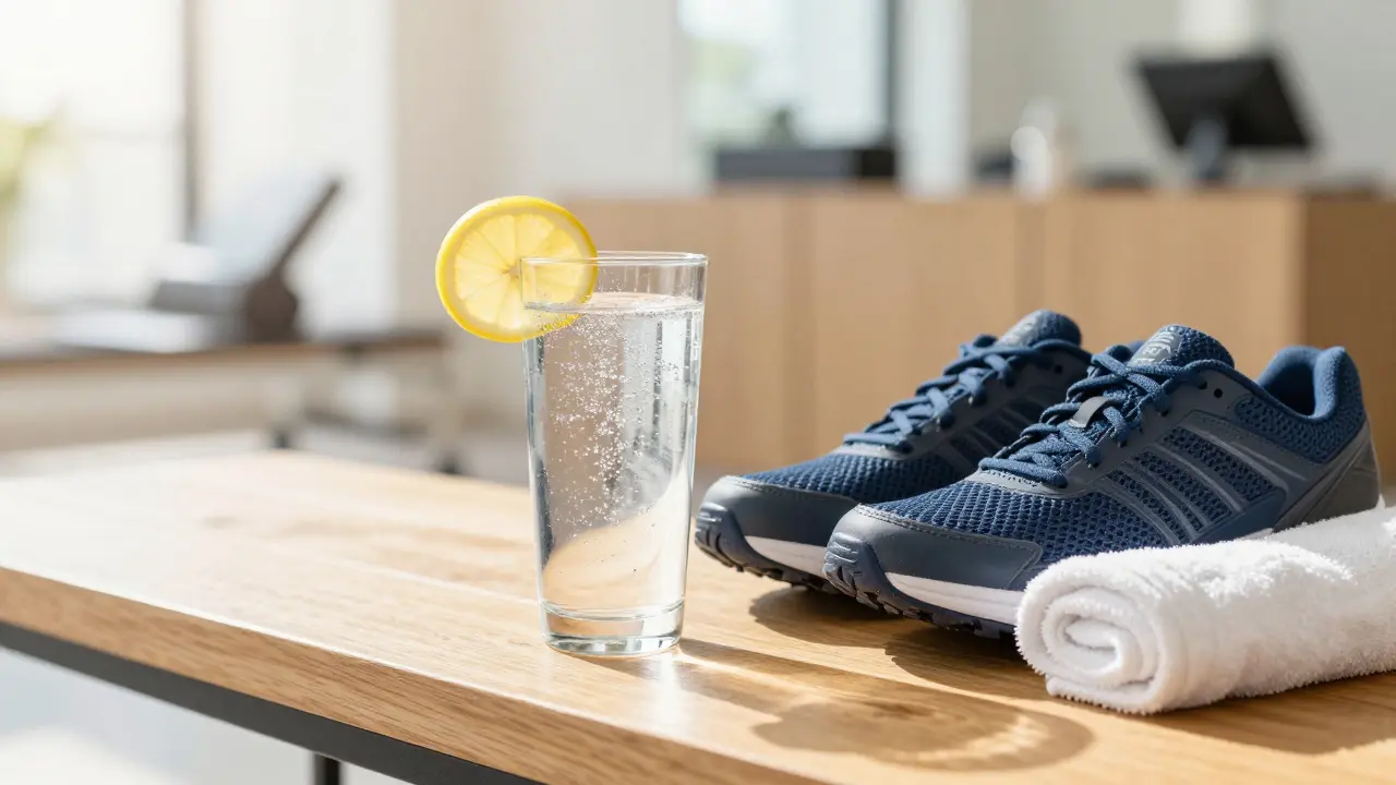 Sklenice vody a sportovní boty jako symbol zdravého životního stylu.