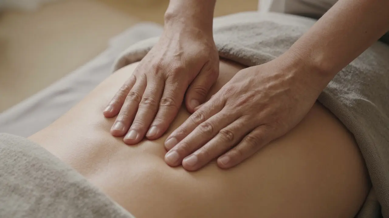 Detail rukou terapeuta aplikujících tlak přes látku na záda klienta.