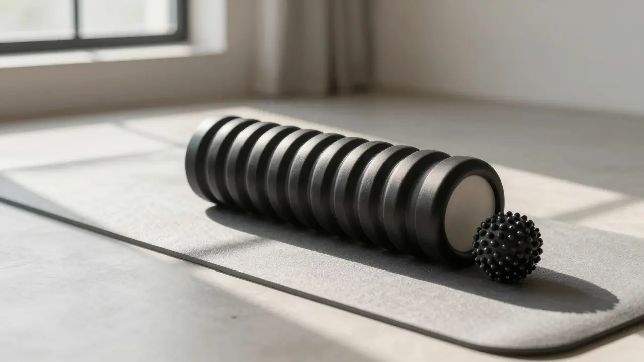 Foam roller a masážní míček na podlaze pro domácí regeneraci