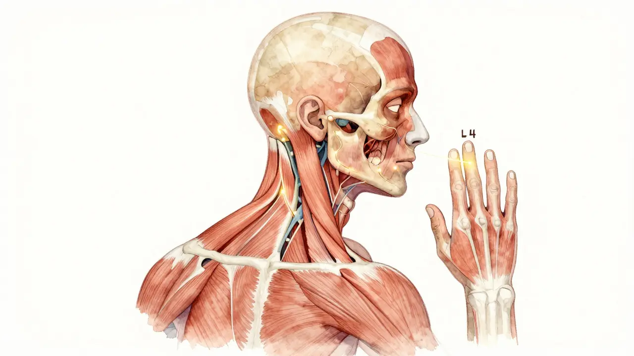Ilustrace klíčových bodů na hlavě a krku pro masáži