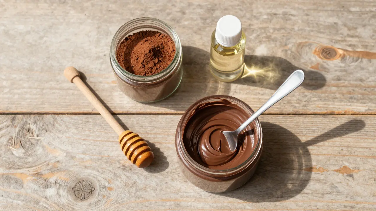 Přírodní ingredience pro domácí čokoládovou péči o tělo na dřevěném stole