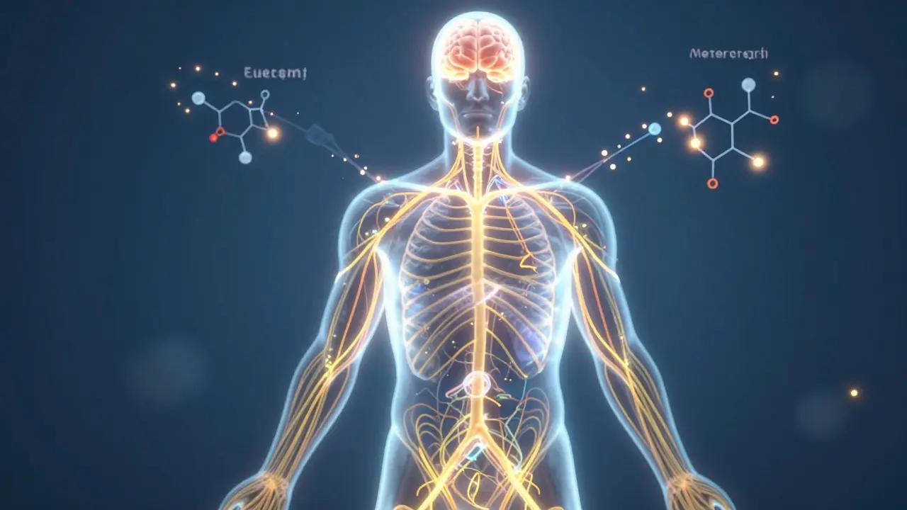 Abstraktní vizualizace toku energie Qi a uvolňování neurotransmiterů v těle.