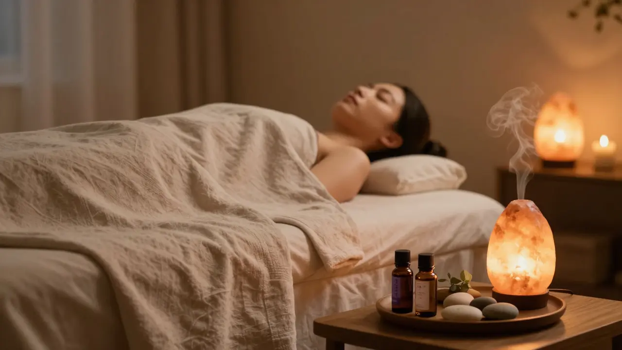 Klidná terapeutická místnost s masáží a esenciálními oleji