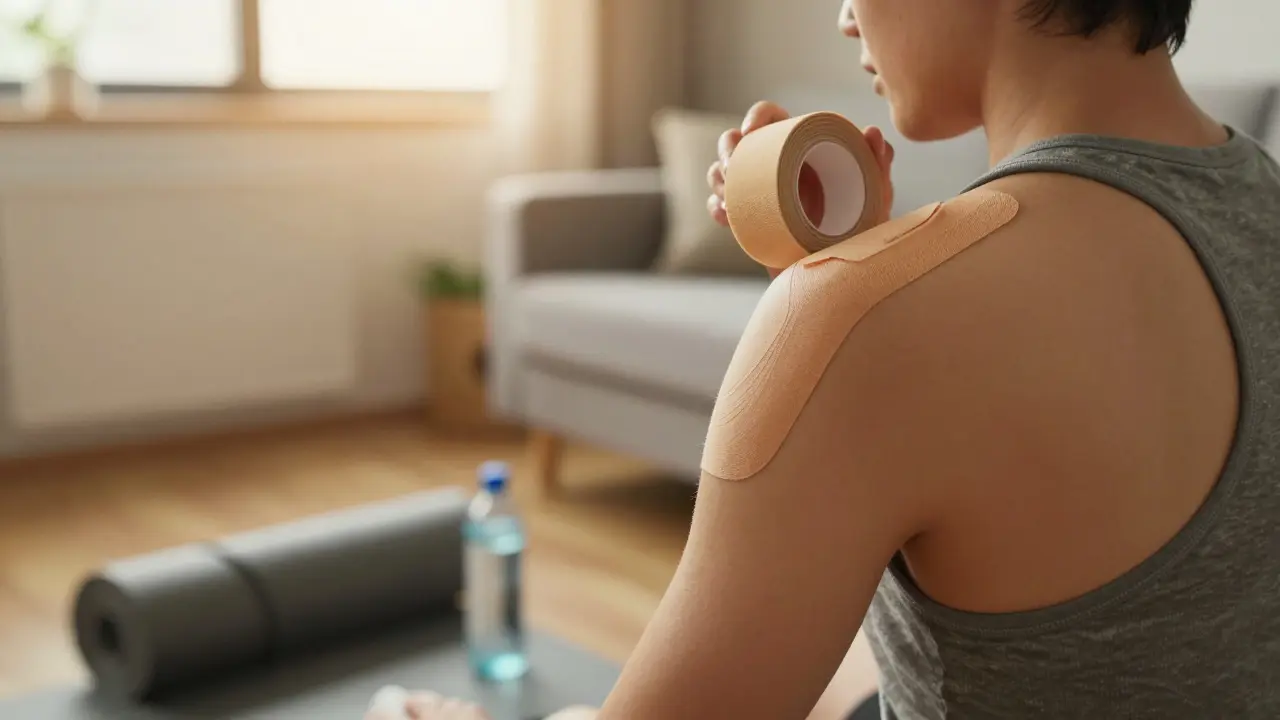 Osoba si doma aplikuje kinesiotape na rameno po tréninku