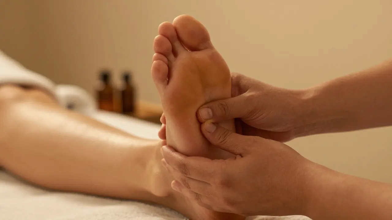 Záběr na ruce terapeuta při reflexologii nohou, masírující chodidlo klienta.