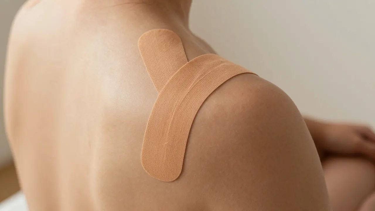 Detailní záběr Y-tvarového tejpování na rameni pro podporu svalů