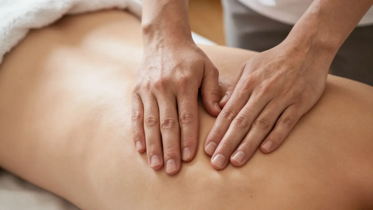 Jemné hladící pohyby rukou terapeuta na zádech klienta