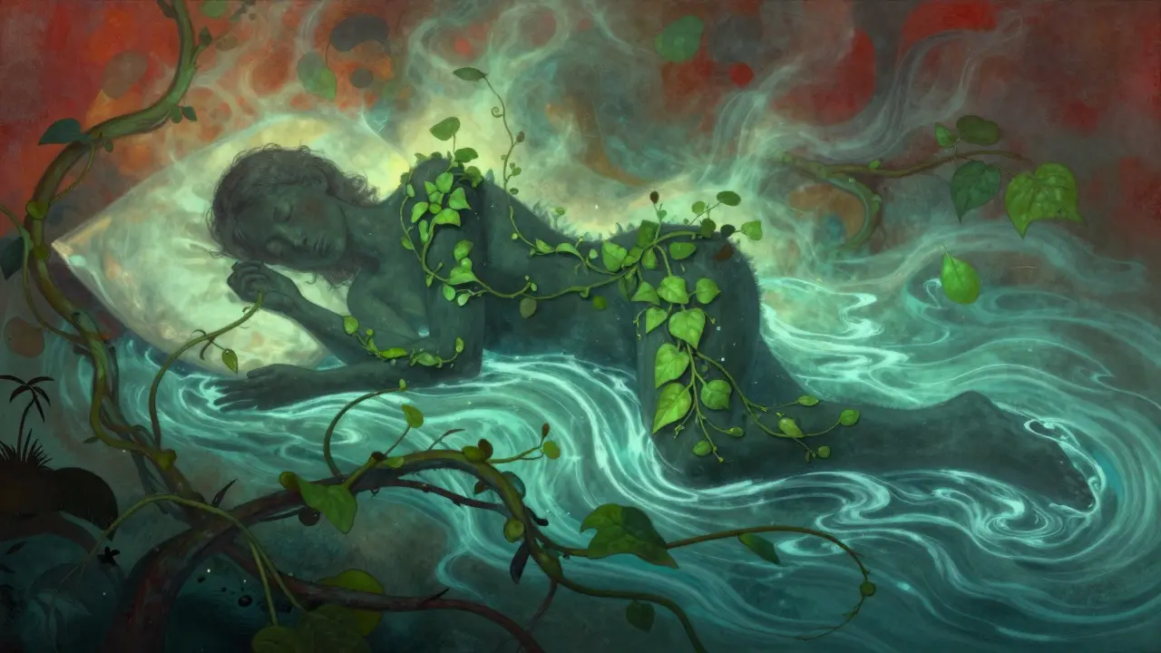 Abstraktní ilustrace spícího člověka slitého s přírodou symbolizující obnovu