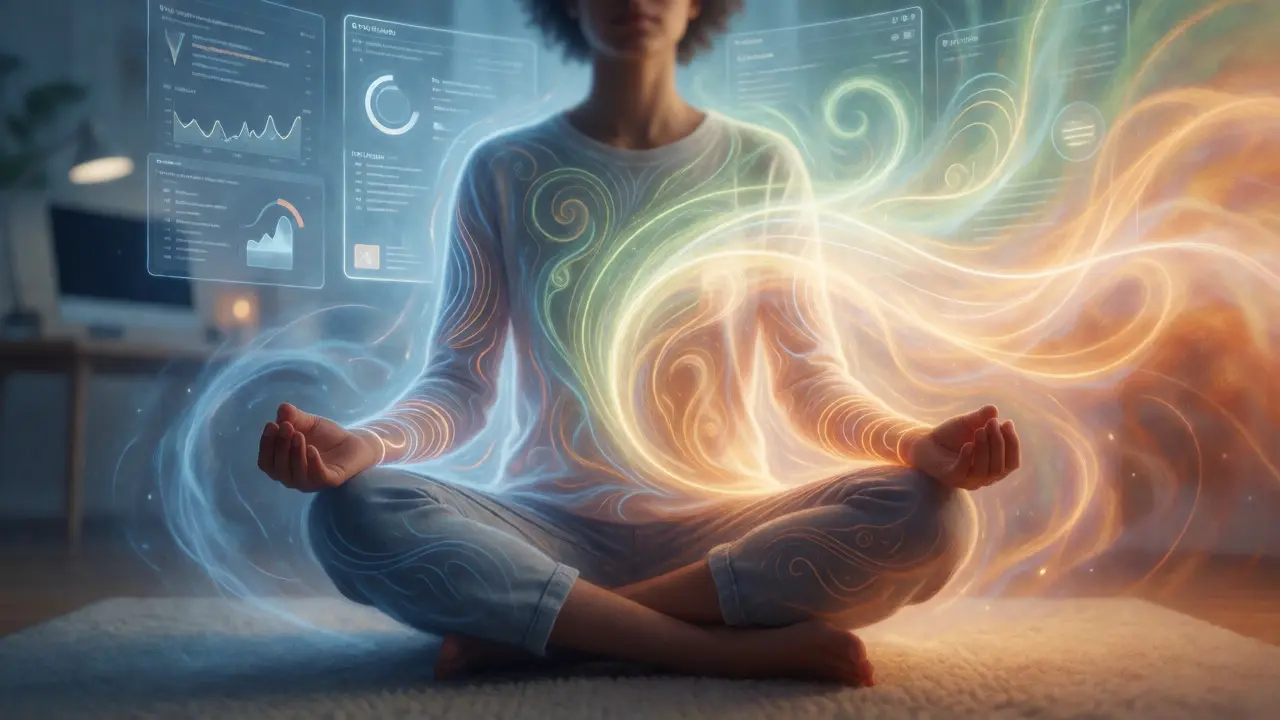 Člověk v meditaci obklopený barevnými proudy energie symbolizujícími rovnováhu Doshy.