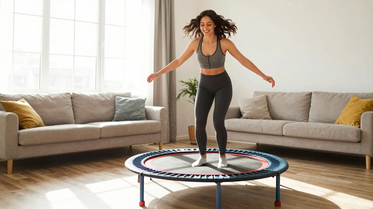 Žena skáčící na trampolíně pro podporu cirkulace