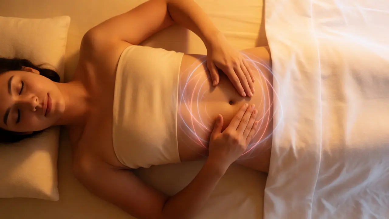 Hands performing gentle clockwise abdominal massage