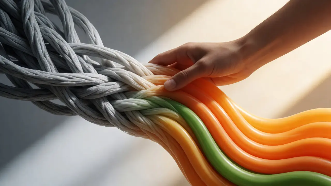 Visual metaphor of tense muscles transforming into flowing digestion