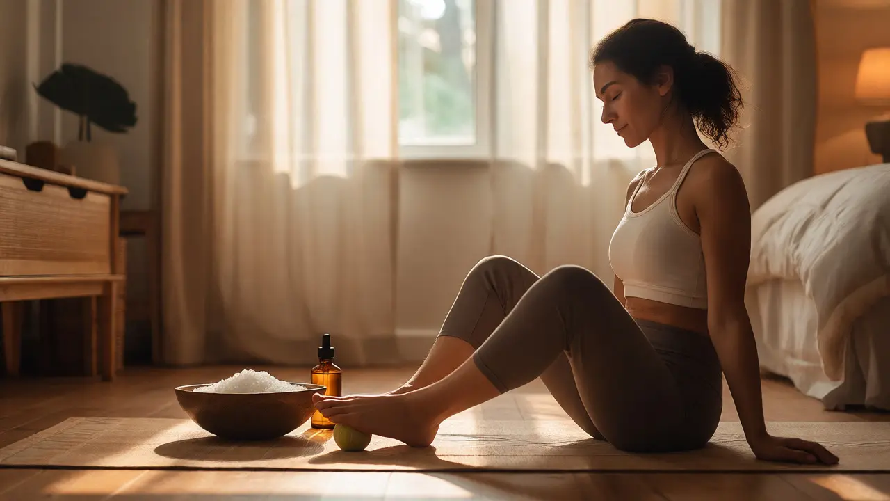 Žena provádí domácí reflexní masáž chodidel pro relaxaci a úlevu