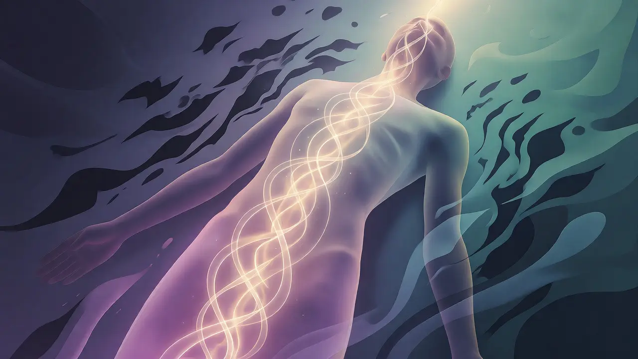 Konceptuální vizualizace energie Kundalini stoupající páteří během tantrické masáže.