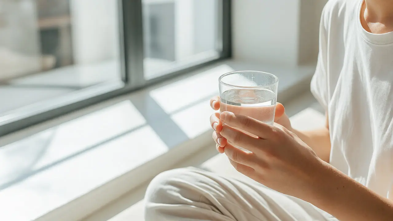 Odpočívající osoba pije vodu po masáži pro hydrataci těla