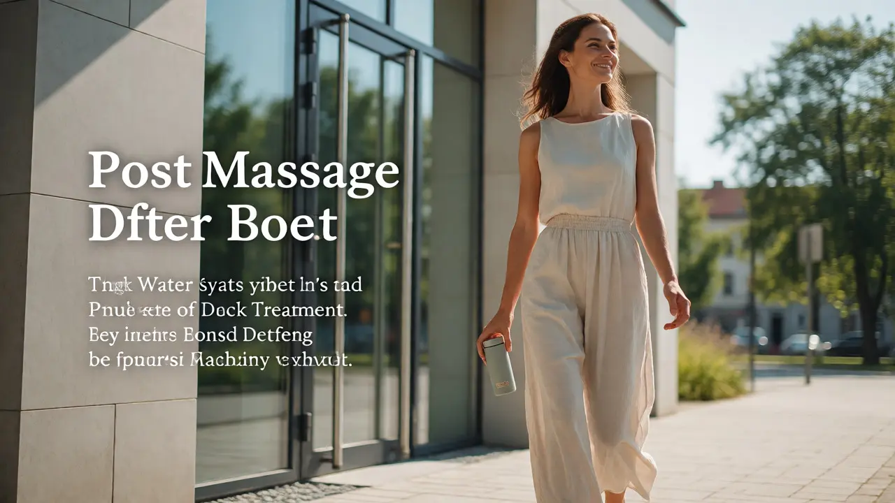 Relaxed woman leaving a spa holding a water bottle in comfortable clothes